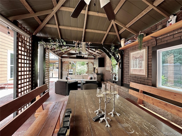 view of patio / terrace with a gazebo, an outdoor living space, and ceiling fan