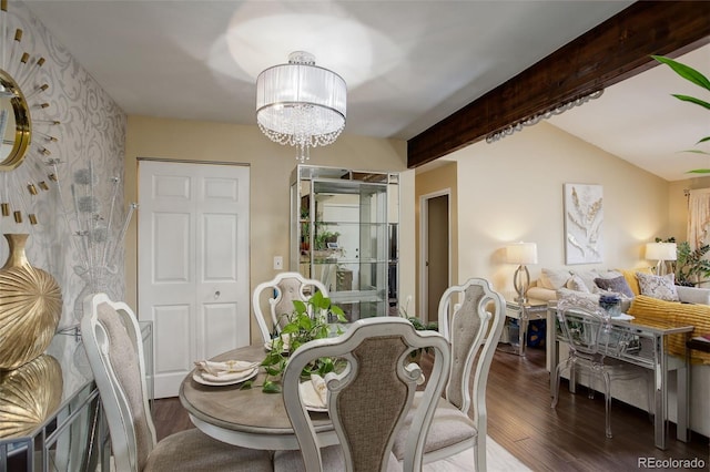 10150 E Virginia Ave Unit 18-302, Denver, CO 80247 - dining space with wood finished floors, a chandelier, beam ceiling, and wallpapered walls