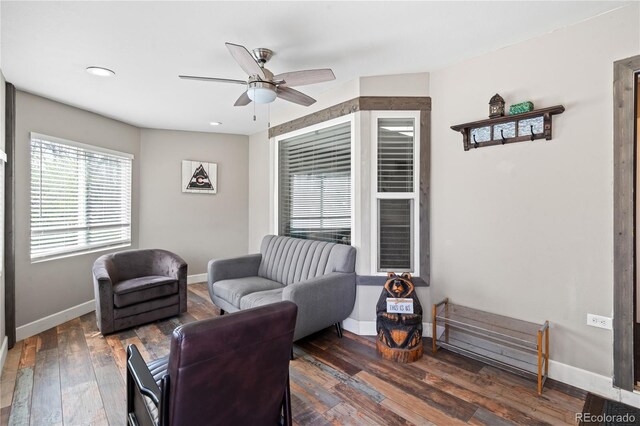 3625 Chase St, Wheat Ridge, CO 80212 - living room featuring a ceiling fan, wood-type flooring, baseboards, and recessed lighting