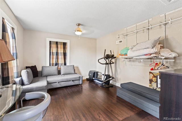 3625 Chase St, Wheat Ridge, CO 80212 - living room featuring ceiling fan, wood finished floors, a textured ceiling, and baseboards