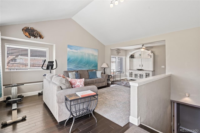 3625 Chase St, Wheat Ridge, CO 80212 - living room with lofted ceiling, wood finished floors, ceiling fan, and baseboards