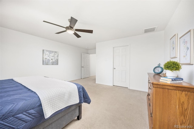 bedroom with baseboards, ceiling fan, light carpet, and visible vents
