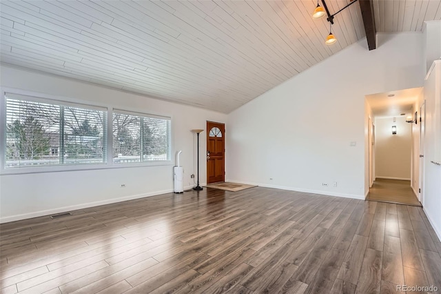 12189 Boot Hill Dr, Parker, CO 80138 - unfurnished living room featuring dark wood-type flooring, wooden ceiling, and baseboards