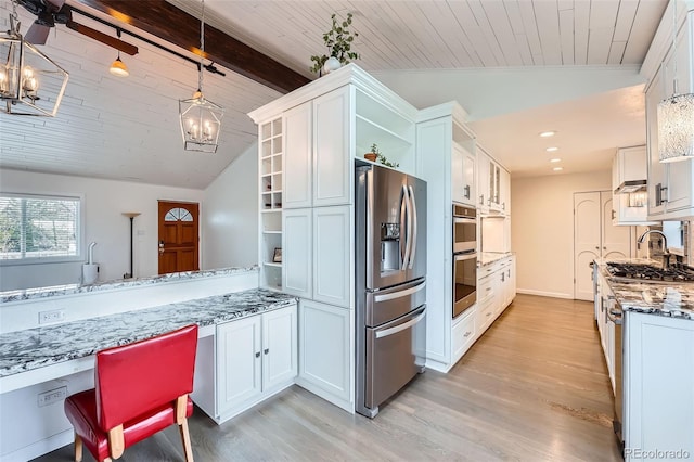 12189 Boot Hill Dr, Parker, CO 80138 - kitchen featuring open shelves, stainless steel appliances, light wood finished floors, a sink, and light stone countertops