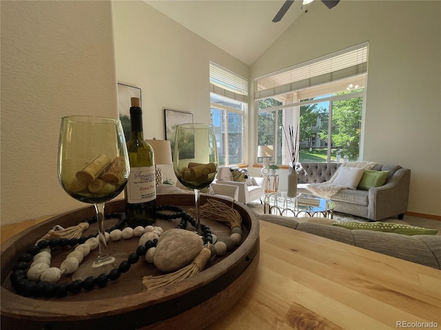 588 Stafford Cir, Castle Rock, CO 80104 - living area with a ceiling fan and high vaulted ceiling