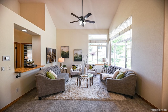 588 Stafford Cir, Castle Rock, CO 80104 - carpeted living room featuring high vaulted ceiling and ceiling fan