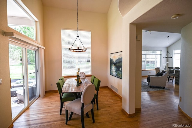 588 Stafford Cir, Castle Rock, CO 80104 - dining area featuring wood finished floors, high vaulted ceiling, and a chandelier