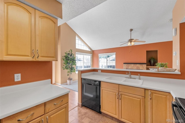 13782 E Lehigh Ave Unit H, Aurora, CO 80014 - kitchen with dishwasher, a ceiling fan, lofted ceiling, light countertops, and stove