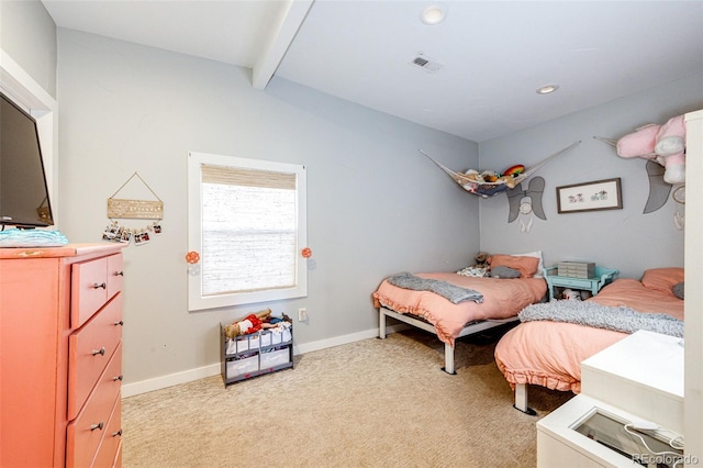 bedroom with light carpet, visible vents, baseboards, and beam ceiling