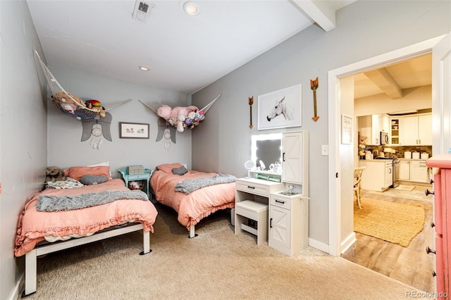 bedroom featuring light carpet, visible vents, baseboards, beam ceiling, and recessed lighting