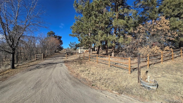 view of road with dirt driveway, a rural view, and a gated entry