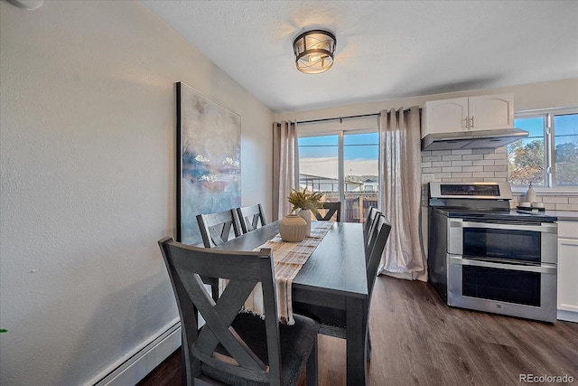 dining space featuring dark wood-type flooring and a baseboard radiator