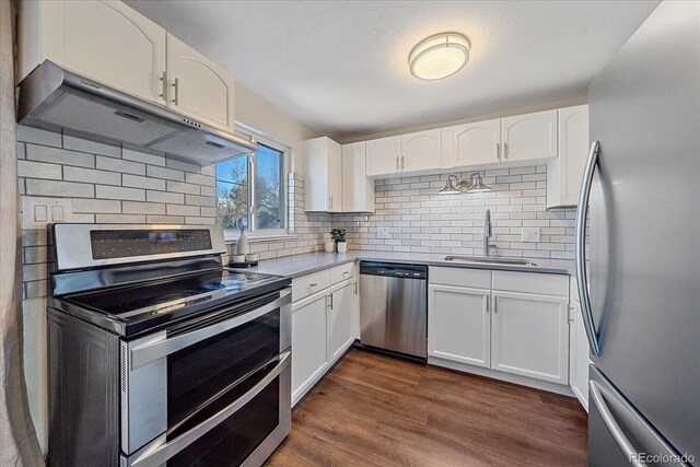 kitchen with sink, appliances with stainless steel finishes, white cabinetry, range hood, and dark hardwood / wood-style floors