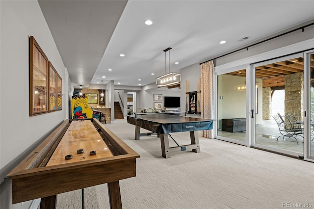 rec room featuring carpet, recessed lighting, and visible vents
