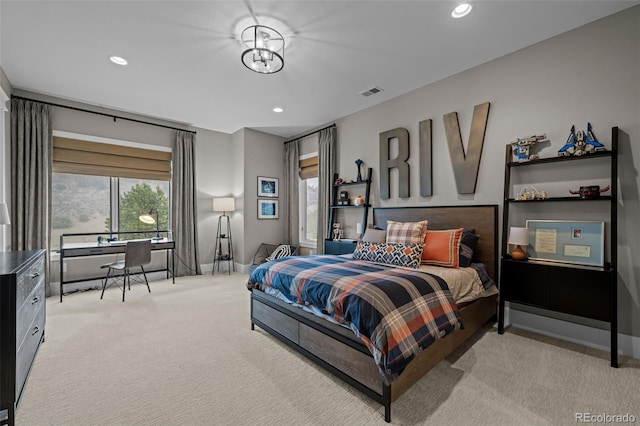 bedroom featuring recessed lighting, baseboards, light colored carpet, and visible vents