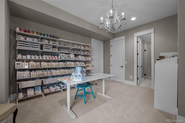 office featuring an inviting chandelier, recessed lighting, baseboards, and light colored carpet