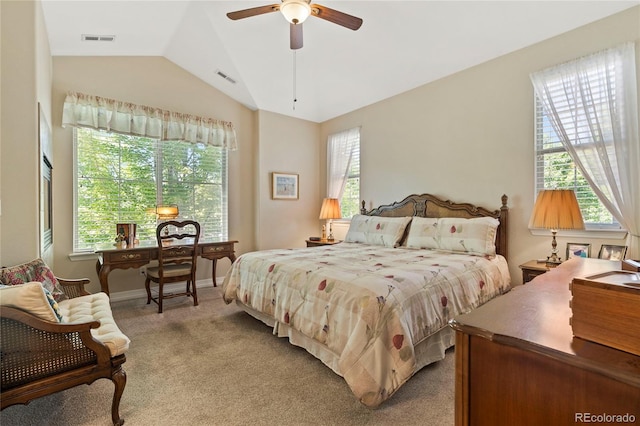 10064 Bluffmont Ct, Lone Tree, CO 80124 - bedroom with carpet flooring, lofted ceiling, multiple windows, and ceiling fan