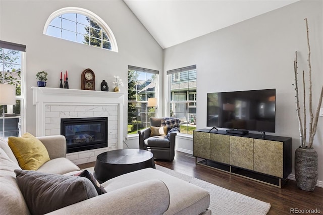 4976 S Nelson St Unit A, Littleton, CO 80127 - living room featuring healthy amount of natural light, high vaulted ceiling, wood finished floors, a tile fireplace, and baseboards