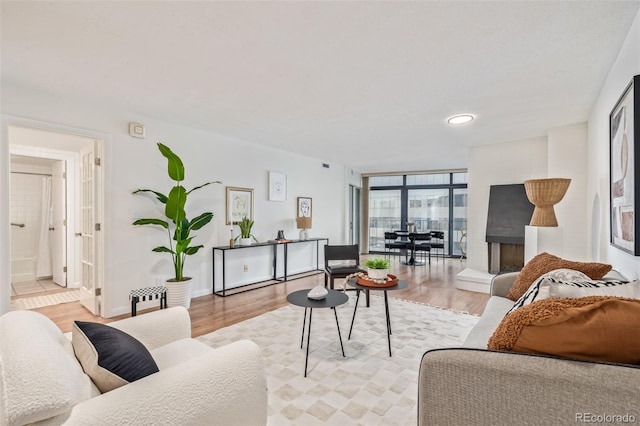 living room with light hardwood / wood-style flooring and a wall of windows