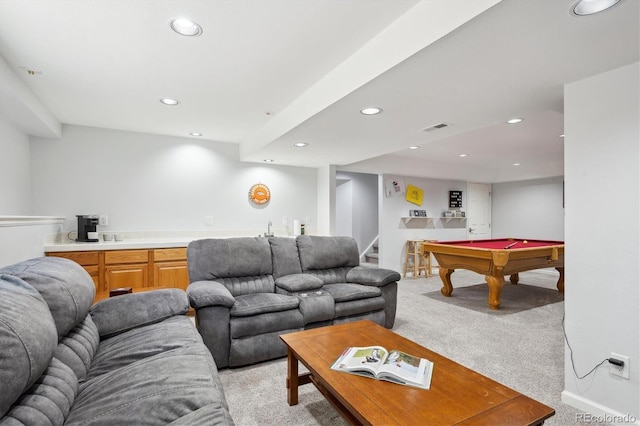 living room featuring light colored carpet, stairs, recessed lighting, pool table, and visible vents
