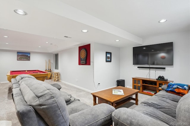 living room with billiards, visible vents, baseboards, carpet, and recessed lighting