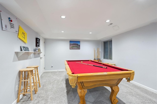 game room with baseboards, light carpet, recessed lighting, and billiards