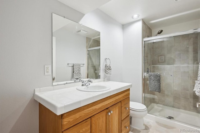 bathroom with visible vents, tile patterned flooring, a stall shower, vanity, and toilet