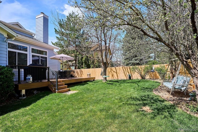 view of yard with a fenced backyard and a deck