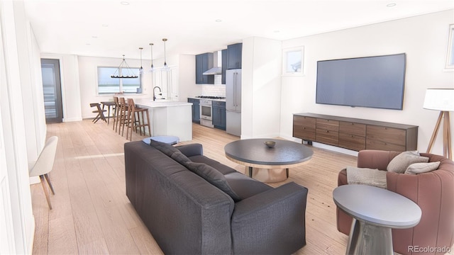 living room with light wood-style floors, recessed lighting, and baseboards