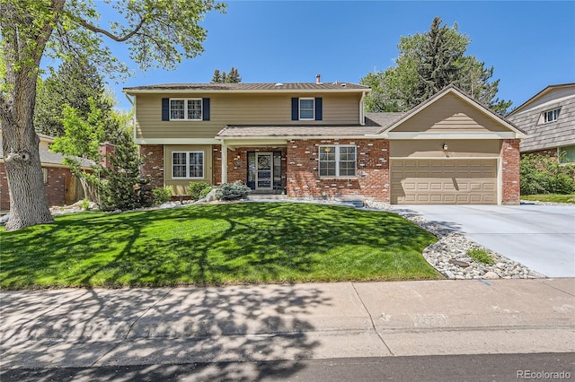 traditional-style home featuring brick siding, an attached garage, concrete driveway, and a front lawn
