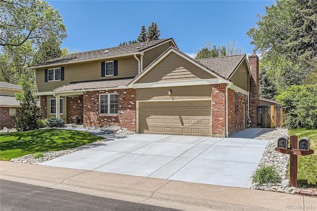 traditional home with brick siding, a garage, a chimney, and concrete driveway