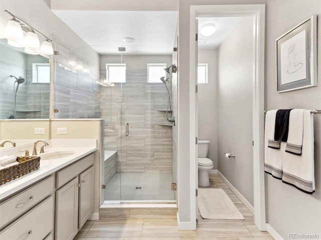 full bath featuring plenty of natural light, a shower stall, toilet, and vanity