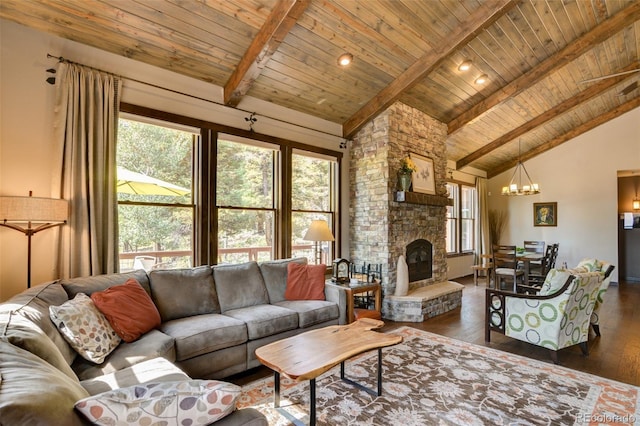 living room featuring a fireplace, beamed ceiling, dark wood-type flooring, and wood ceiling