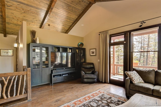 living room featuring wood-type flooring, a healthy amount of sunlight, and wood ceiling