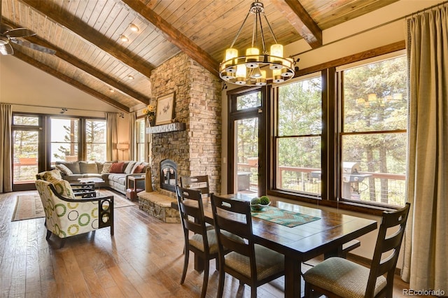 dining area with high vaulted ceiling, dark hardwood / wood-style flooring, a fireplace, beamed ceiling, and wood ceiling