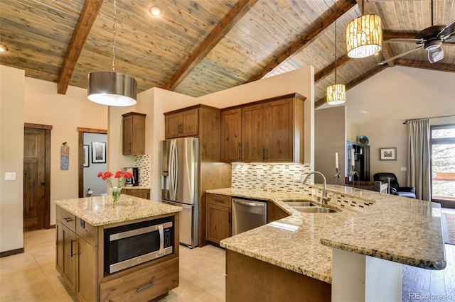 kitchen with wooden ceiling, stainless steel appliances, pendant lighting, and tasteful backsplash