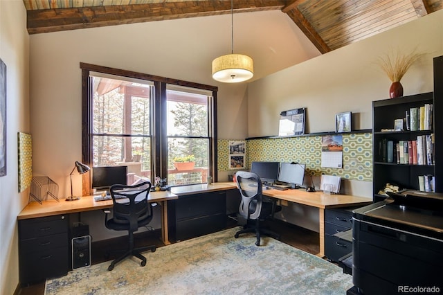 home office with beamed ceiling, high vaulted ceiling, and wood ceiling