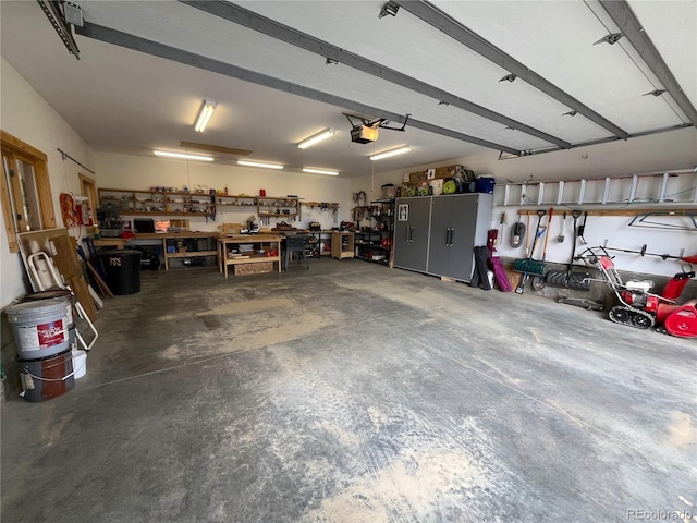 garage featuring a workshop area and a garage door opener