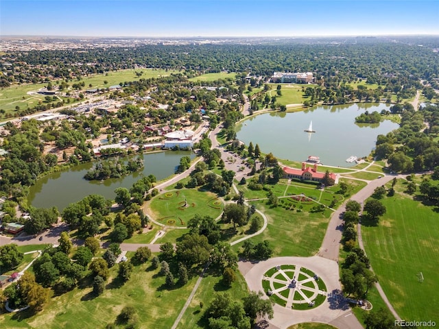 drone / aerial view featuring a water view