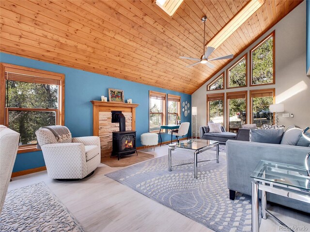 385 Pine Dr, Fairplay, CO 80440 - living room featuring wood finished floors, ceiling fan, wooden ceiling, high vaulted ceiling, and a wood stove