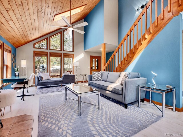 385 Pine Dr, Fairplay, CO 80440 - living room with wood ceiling, high vaulted ceiling, stairs, and a skylight