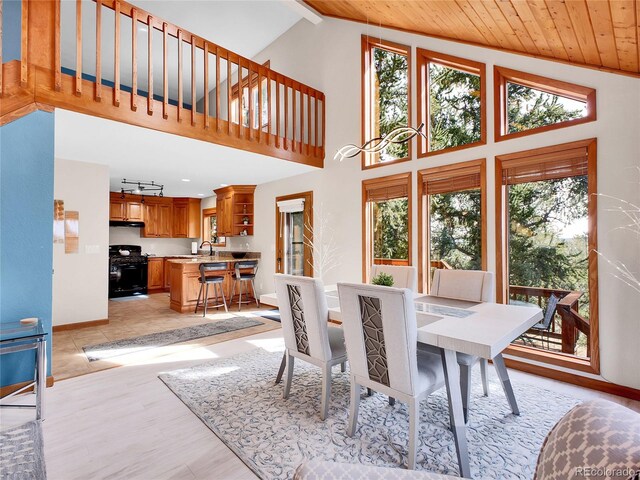 385 Pine Dr, Fairplay, CO 80440 - dining space featuring light wood-style flooring, baseboards, high vaulted ceiling, and wooden ceiling