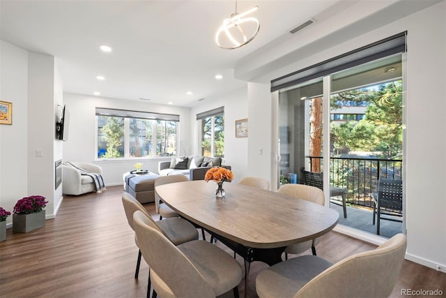 dining area featuring plenty of natural light and dark hardwood / wood-style flooring