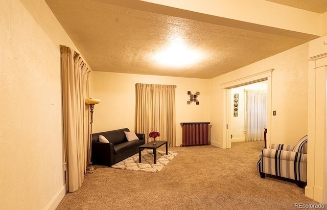 living area with light colored carpet, a textured ceiling, and radiator