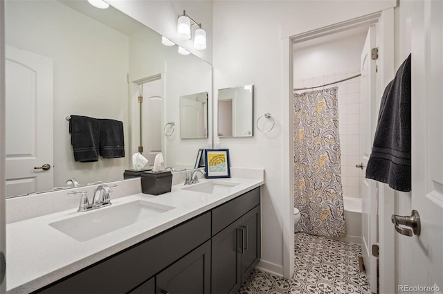 1929 W 165th Way, Broomfield, CO 80023 - full bath with double vanity, toilet, shower / bath combination with curtain, and tile patterned flooring