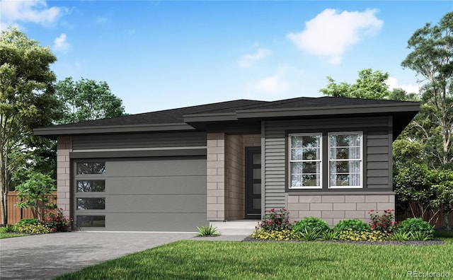 prairie-style house featuring fence, an attached garage, driveway, and a front lawn