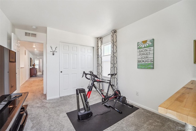 exercise area with light colored carpet