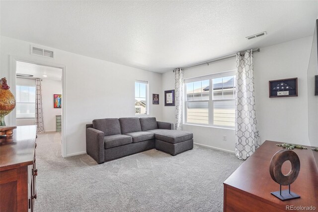 carpeted living room featuring a textured ceiling