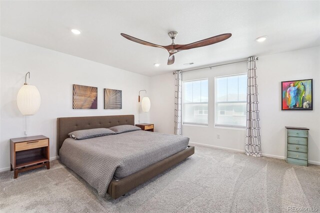 bedroom featuring ceiling fan and carpet flooring