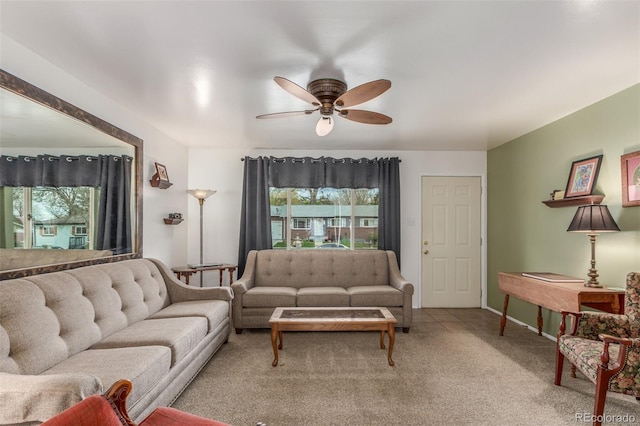 6905 Nelson St, Arvada, CO 80004 - living area featuring ceiling fan, light colored carpet, and baseboards